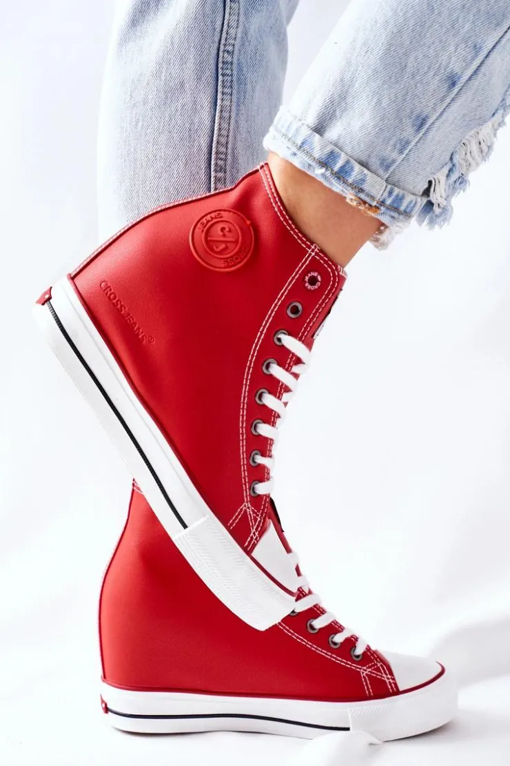 Damskie Cross Jeans Skórzane Trampki Na Koturnie II2R4026 Czerwone