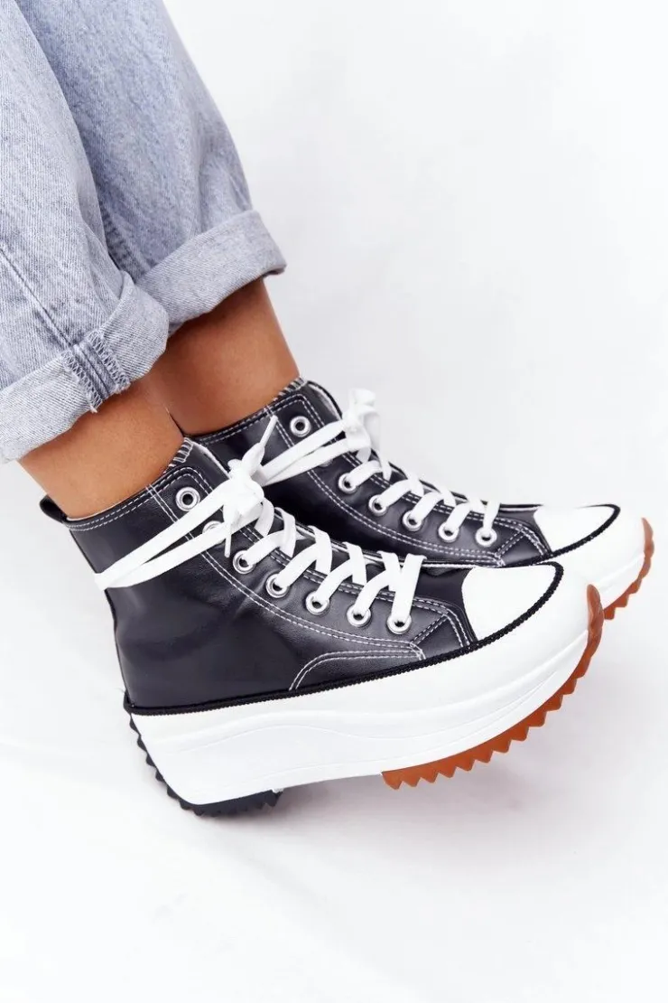 Damskie Boto Skórzane Trampki Na Platformie Czarne Coachella