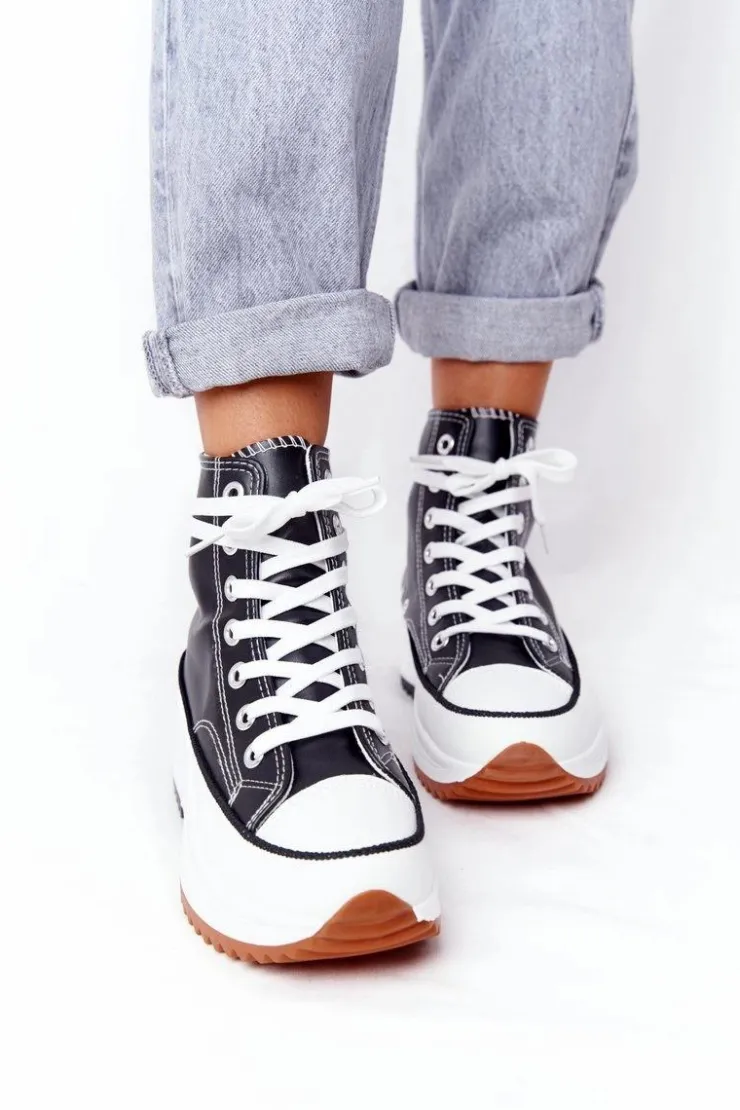 Damskie Boto Skórzane Trampki Na Platformie Czarne Coachella