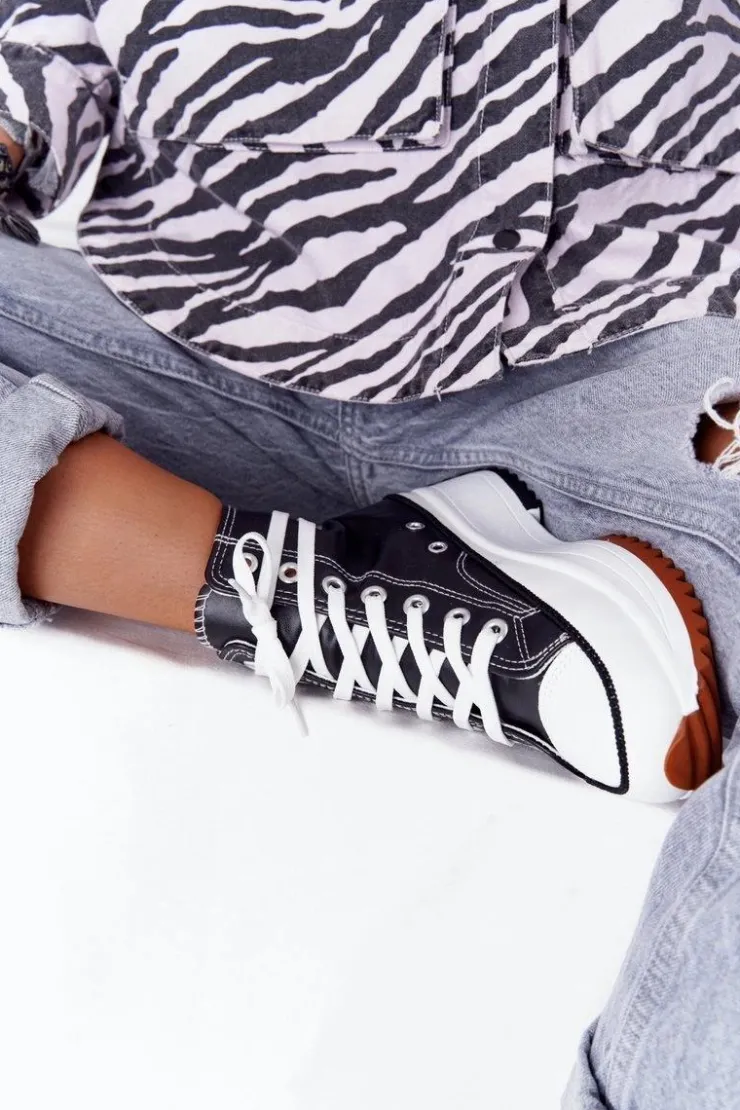 Damskie Boto Skórzane Trampki Na Platformie Czarne Coachella