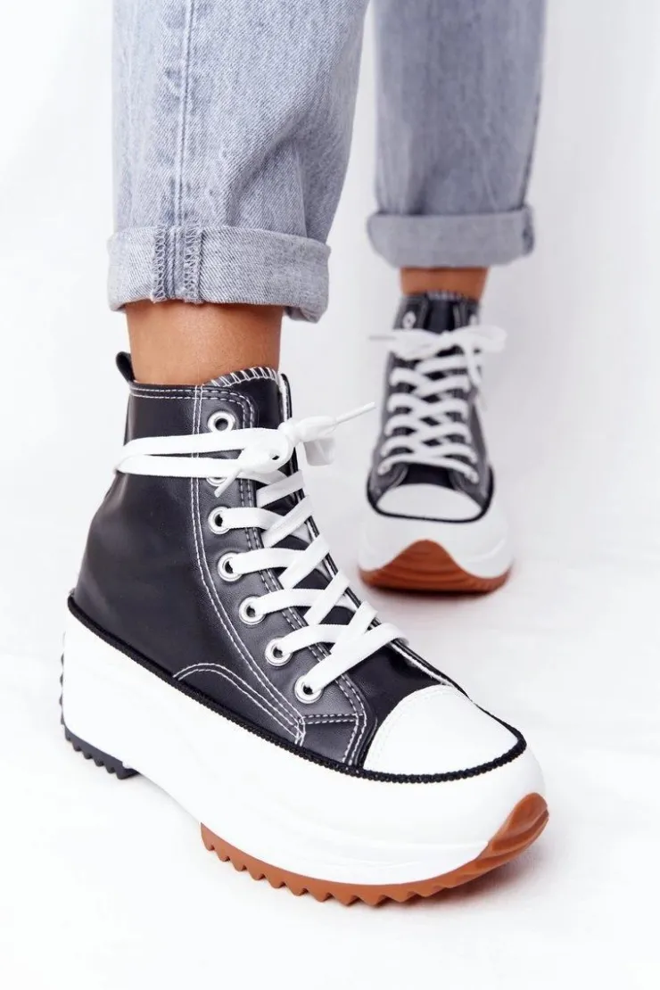 Damskie Boto Skórzane Trampki Na Platformie Czarne Coachella