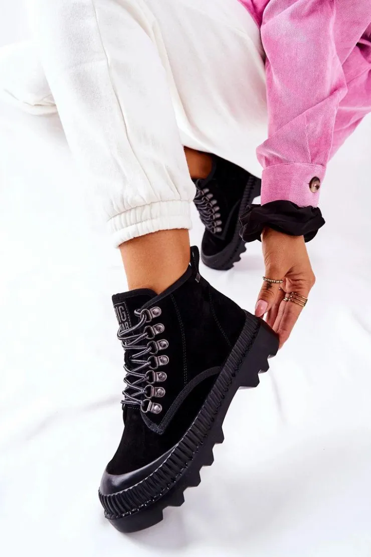 New Big Star Shoes Skórzane Trapery Botki Big Star II274363 Czarne Czarny