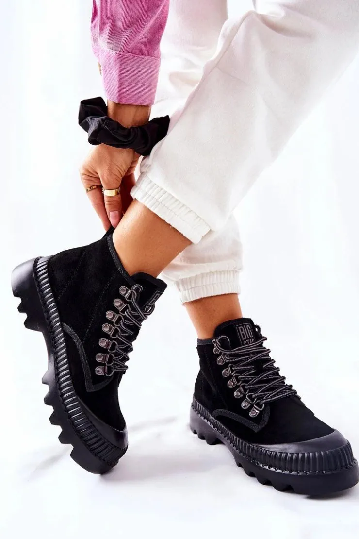 New Big Star Shoes Skórzane Trapery Botki Big Star II274363 Czarne Czarny