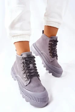 Best Big Star Shoes Skórzane Trapery Botki Big Star II274365 Szare