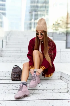 Damskie Big Star Shoes Skórzane Trapery Botki Big Star II274367 Różowe