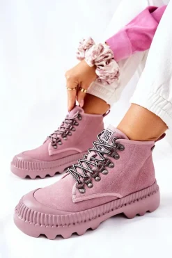 Damskie Big Star Shoes Skórzane Trapery Botki Big Star II274367 Różowe