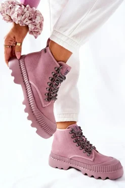 Damskie Big Star Shoes Skórzane Trapery Botki Big Star II274367 Różowe