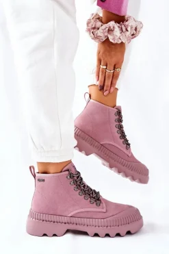 Damskie Big Star Shoes Skórzane Trapery Botki Big Star II274367 Różowe