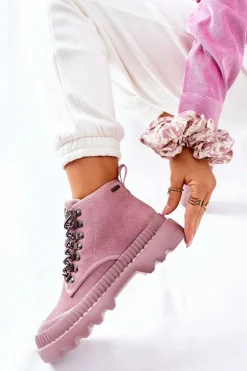 Damskie Big Star Shoes Skórzane Trapery Botki Big Star II274367 Różowe