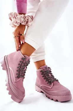 Damskie Big Star Shoes Skórzane Trapery Botki Big Star II274367 Różowe