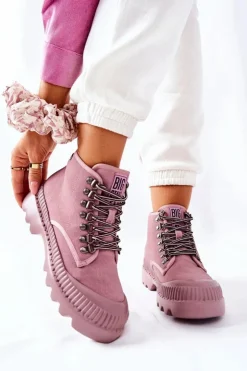 Damskie Big Star Shoes Skórzane Trapery Botki Big Star II274367 Różowe