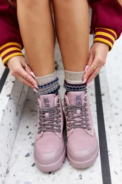 Damskie Big Star Shoes Skórzane Trapery Botki Big Star II274367 Różowe