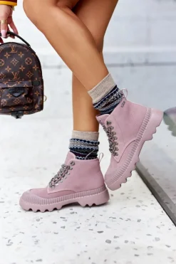 Damskie Big Star Shoes Skórzane Trapery Botki Big Star II274367 Różowe