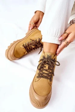 Damskie Big Star Shoes Skórzane Trapery Botki Big Star II274366 Camel