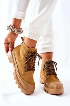 Damskie Big Star Shoes Skórzane Trapery Botki Big Star II274366 Camel