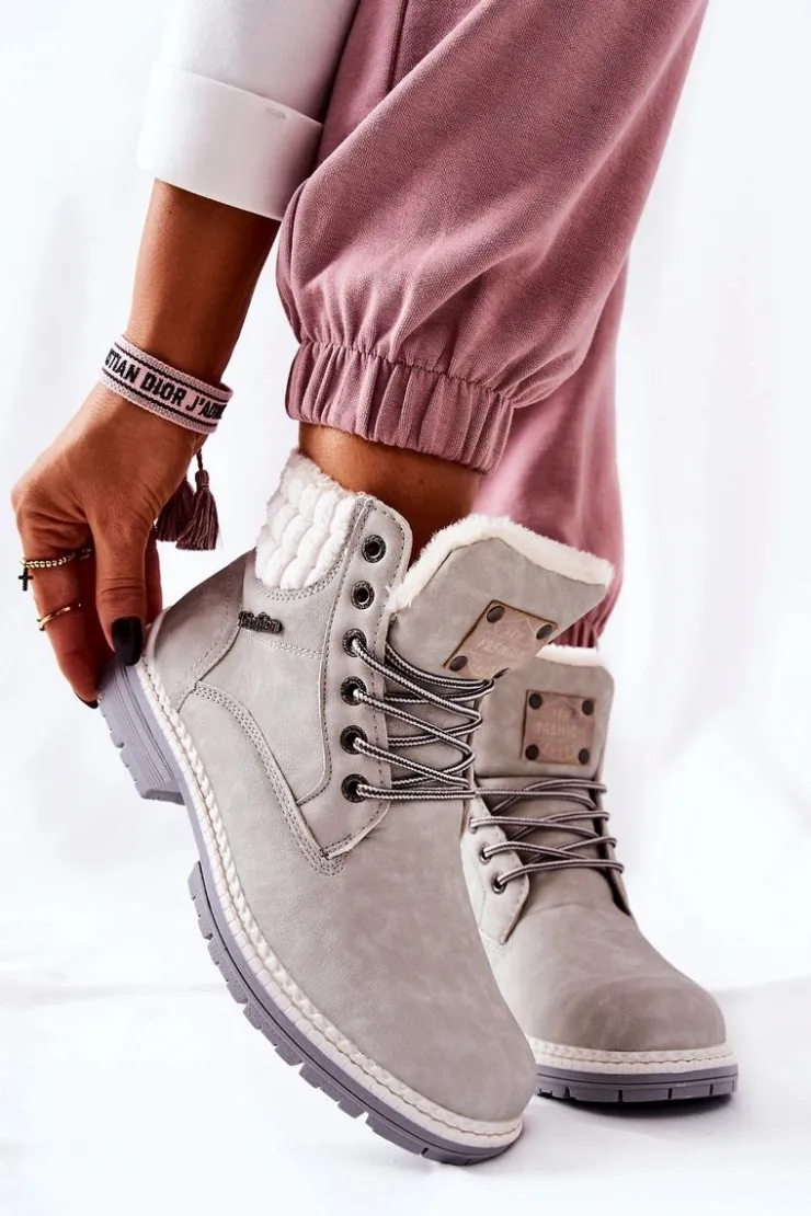 New Boto Skórzane Trapery Z Ociepleniem Jasnoszare Laralis