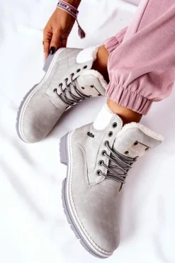 New Boto Skórzane Trapery Z Ociepleniem Jasnoszare Laralis