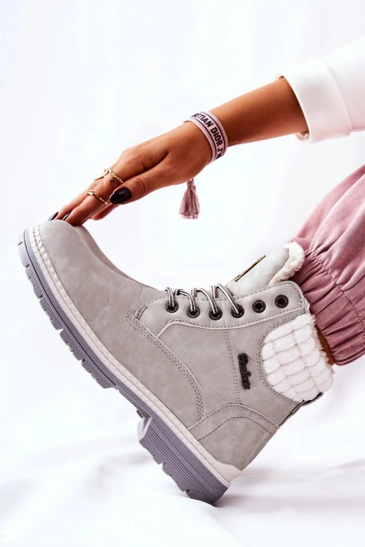 New Boto Skórzane Trapery Z Ociepleniem Jasnoszare Laralis