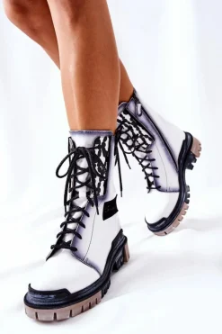 Maciejka Botki Maciejka|Botki Sznurowane*Skórzane Trzewiki Botki Ocieplane Białe 05113-11