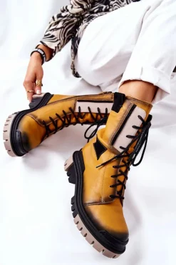 Sale Maciejka Skórzane Trzewiki Botki Ocieplane Żółte 05113-07