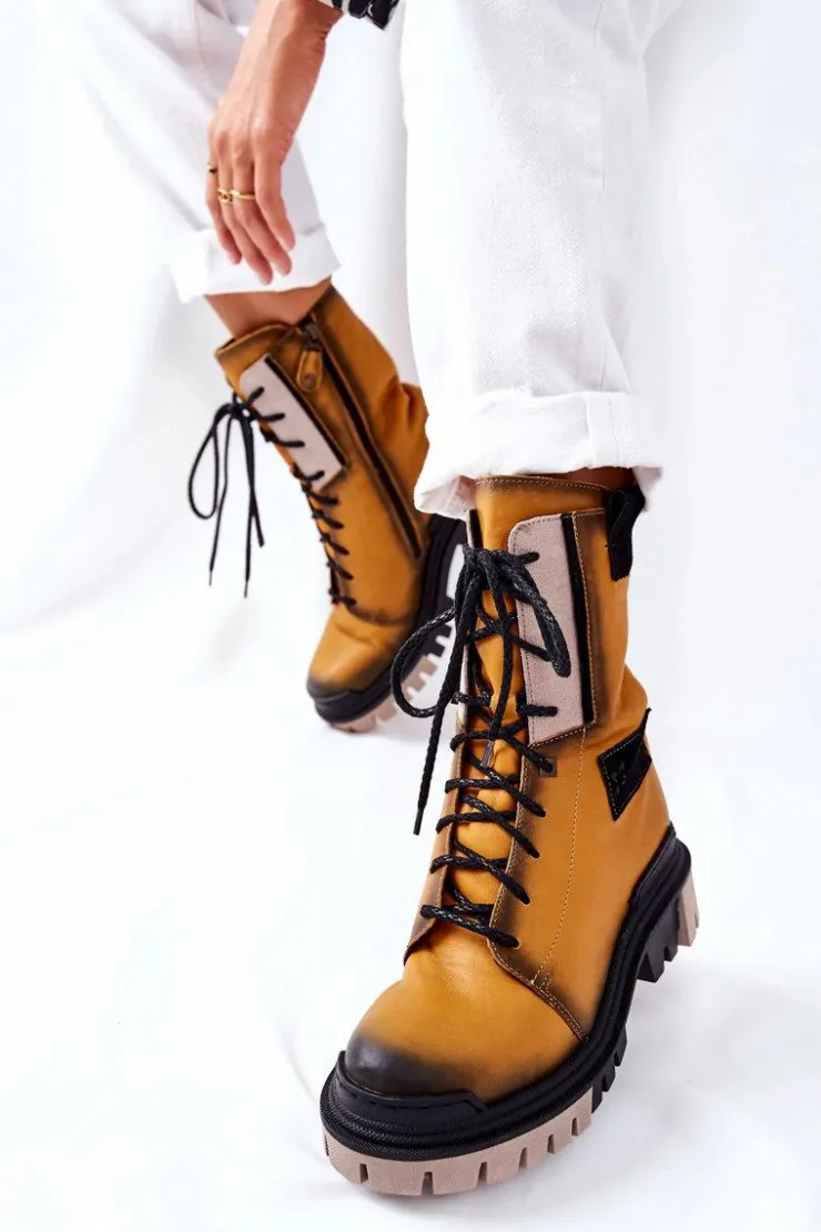 Sale Maciejka Skórzane Trzewiki Botki Ocieplane Żółte 05113-07