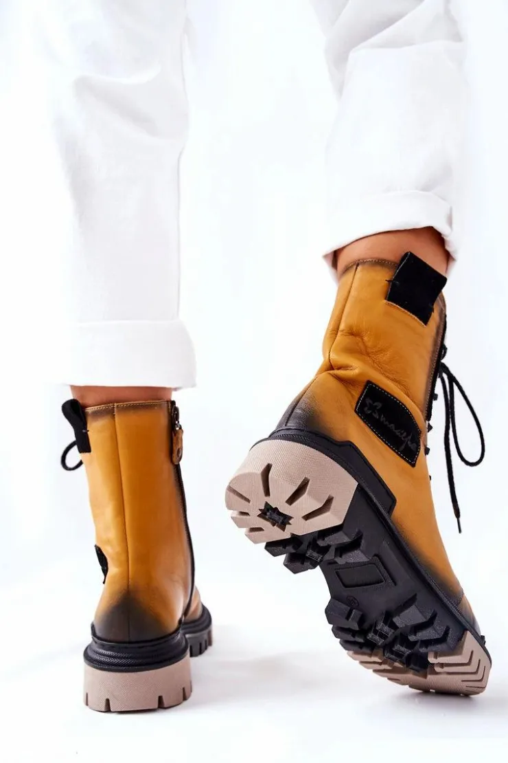 Sale Maciejka Skórzane Trzewiki Botki Ocieplane Żółte 05113-07