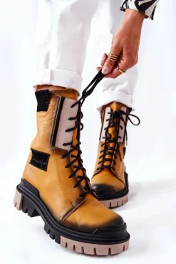 Sale Maciejka Skórzane Trzewiki Botki Ocieplane Żółte 05113-07