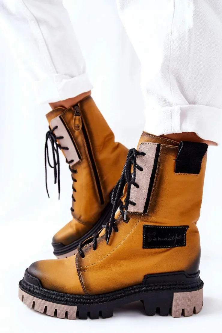 Sale Maciejka Skórzane Trzewiki Botki Ocieplane Żółte 05113-07