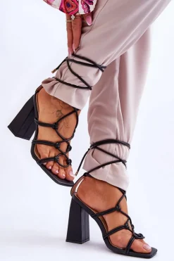 Damskie Boto Skórzane Wiązane Sandały Na Obcasie Czarne Amare