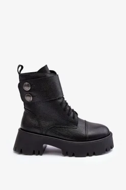 Damskie Boto Skórzane Workery Botki Damskie Czarne Lemar Anceria