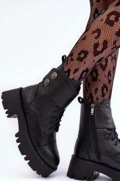 Damskie Boto Skórzane Workery Botki Damskie Czarne Lemar Anceria