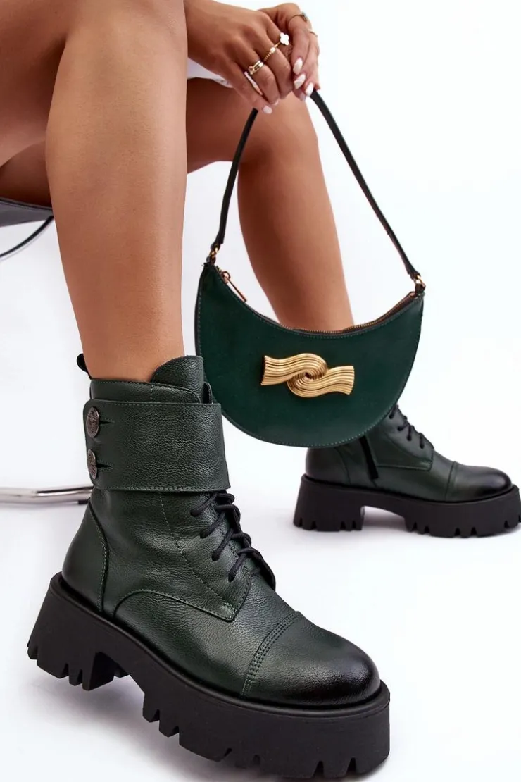 New Boto Skórzane Workery Botki Damskie Zielone Lemar Anceria Zielony