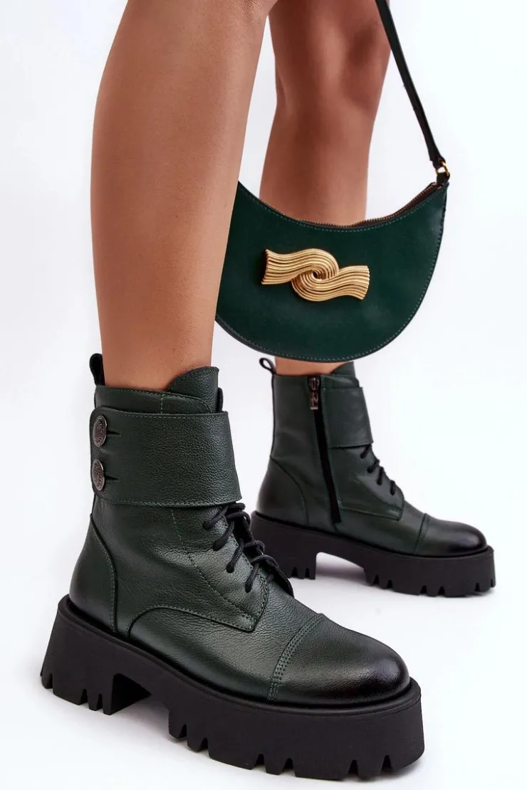 New Boto Skórzane Workery Botki Damskie Zielone Lemar Anceria Zielony