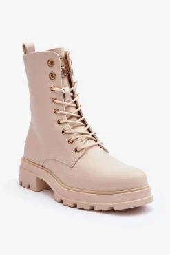 Damskie Boto Skórzane Workery Botki Z Ozdobą Beżowe Yemannis