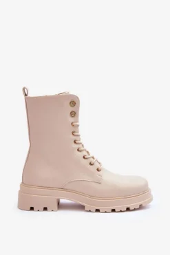 Damskie Boto Skórzane Workery Botki Z Ozdobą Beżowe Yemannis