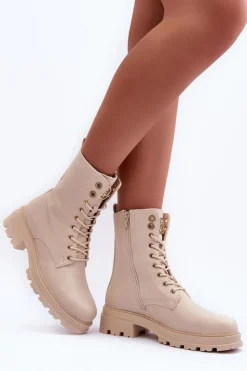 Damskie Boto Skórzane Workery Botki Z Ozdobą Beżowe Yemannis