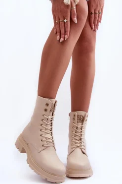 Damskie Boto Skórzane Workery Botki Z Ozdobą Beżowe Yemannis