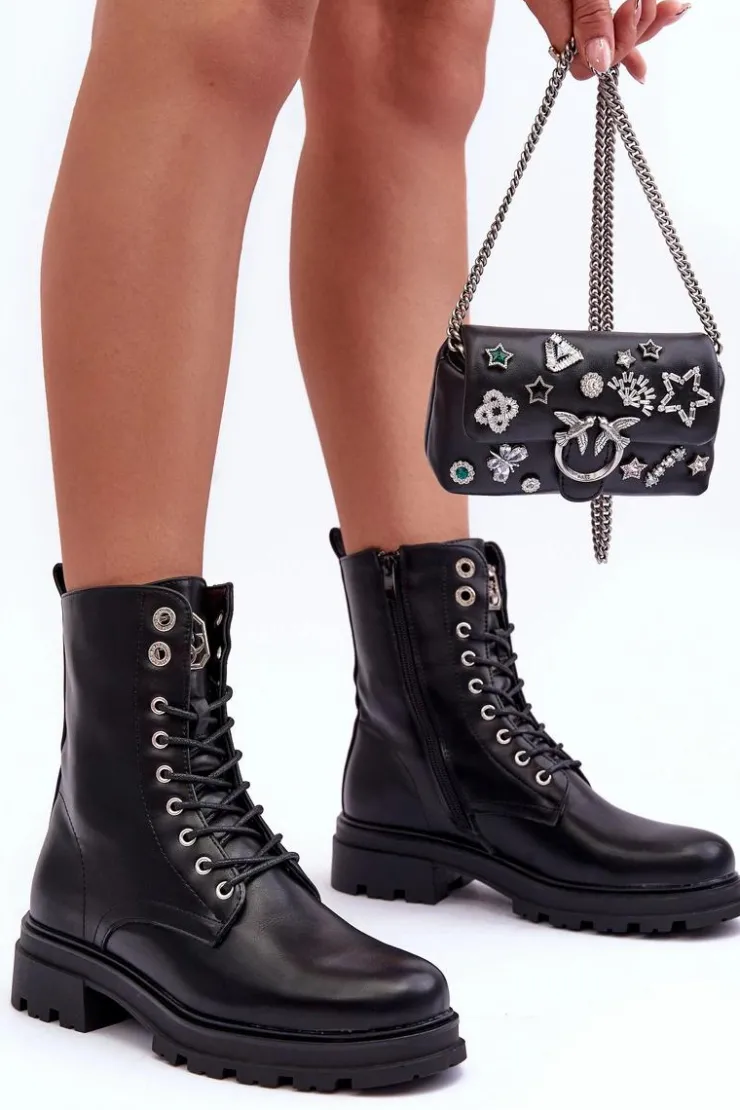 Boto Botki Płaskie|Botki Workery*Skórzane Workery Botki Z Ozdobą Czarne Yemannis