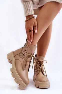 Damskie Boto Skórzane Workery Z Ażurowym Wzorem Beżowe Abilene