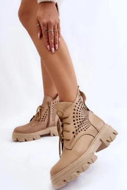 Damskie Boto Skórzane Workery Z Ażurowym Wzorem Beżowe Abilene