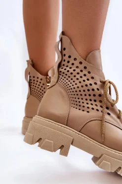 Damskie Boto Skórzane Workery Z Ażurowym Wzorem Beżowe Abilene