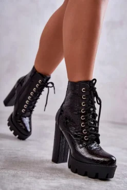 Boto Botki Sznurowane|Botki Na Słupku*Skórzane Wężowe Botki Na Wysokim Obcasie Czarne Madly