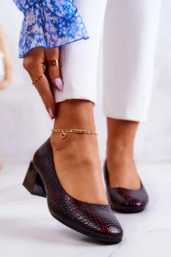 Buty Sergio Leone Czółenka Na Słupku*Skórzane Wężowe Czółenka Bordowe Mesquite