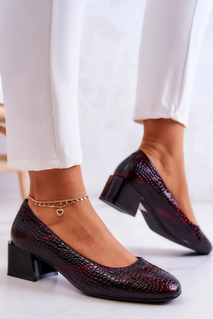 Buty Sergio Leone Czółenka Na Słupku*Skórzane Wężowe Czółenka Bordowe Mesquite