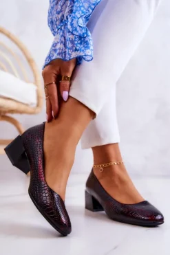 Buty Sergio Leone Czółenka Na Słupku*Skórzane Wężowe Czółenka Bordowe Mesquite