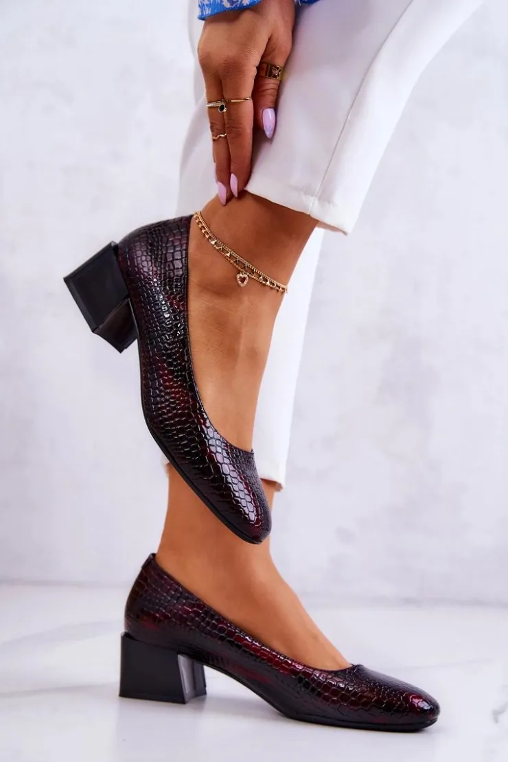 Buty Sergio Leone Czółenka Na Słupku*Skórzane Wężowe Czółenka Bordowe Mesquite