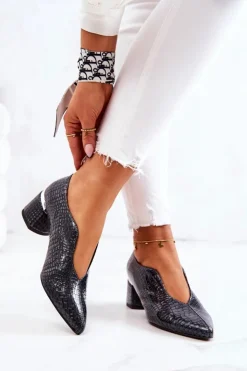 Boto Czółenka Na Słupku*Skórzane Wężowe Czółenka Ciemnoszare Alissa