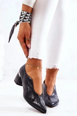 Boto Czółenka Na Słupku*Skórzane Wężowe Czółenka Ciemnoszare Alissa