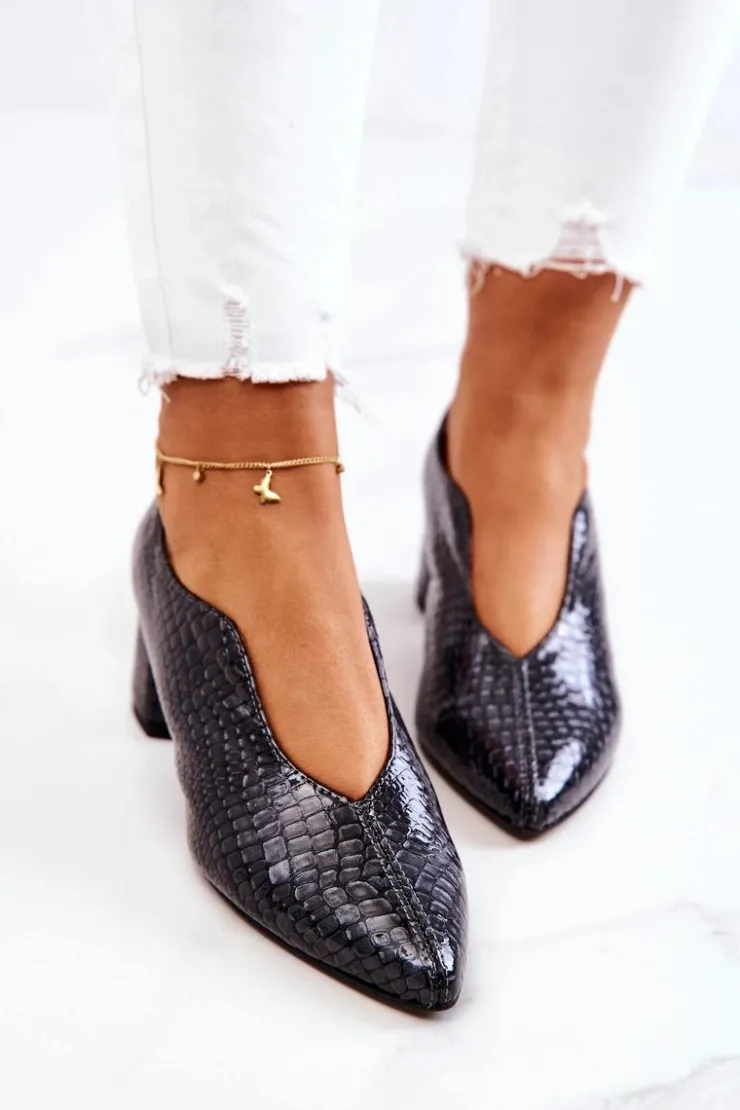 Boto Czółenka Na Słupku*Skórzane Wężowe Czółenka Ciemnoszare Alissa