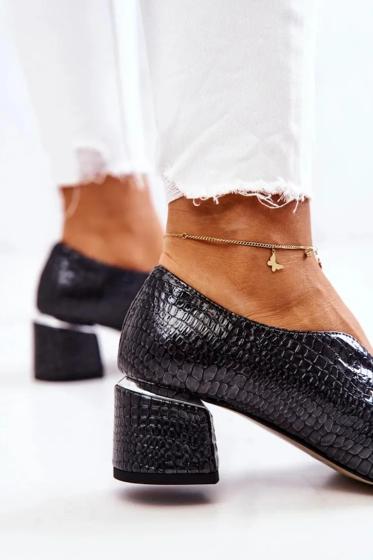 Boto Czółenka Na Słupku*Skórzane Wężowe Czółenka Ciemnoszare Alissa